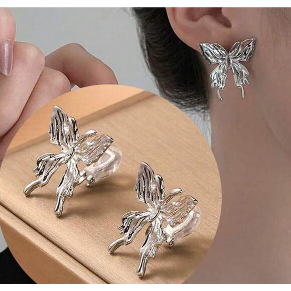 Clip on 1" silver and clear stone butterfly button style earrings - Picture 1 of 4